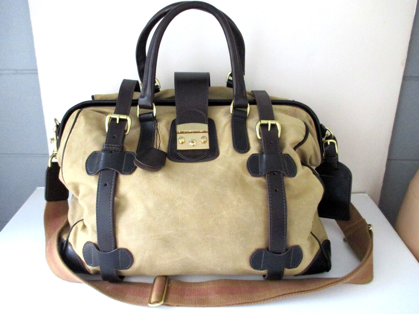 J. Peterman Canvas & Leather Travel Weekender Bag Tan Removable Strap