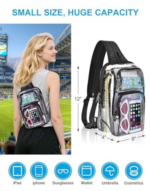 Clear Backpack Stadium Approved 12×12×6 with Breathable Shoulder Straps, Black