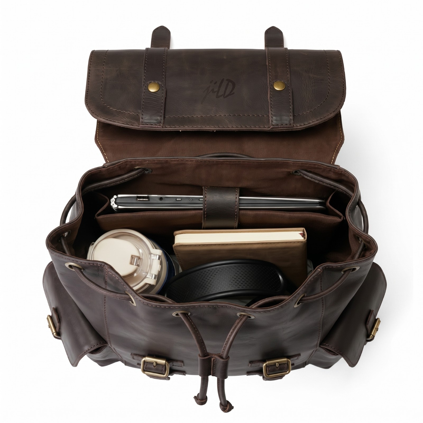 Leather Backpack Men Brown Green Laptop Office Travel Bag Double Shoulder Strap