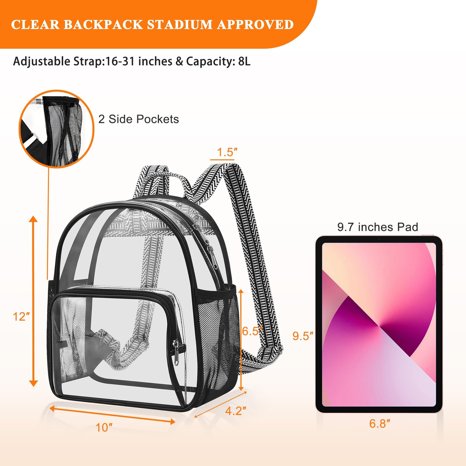 Clear Stadium Bag 12x12x6 Stadium Approved Clear Backpack for Concerts Events