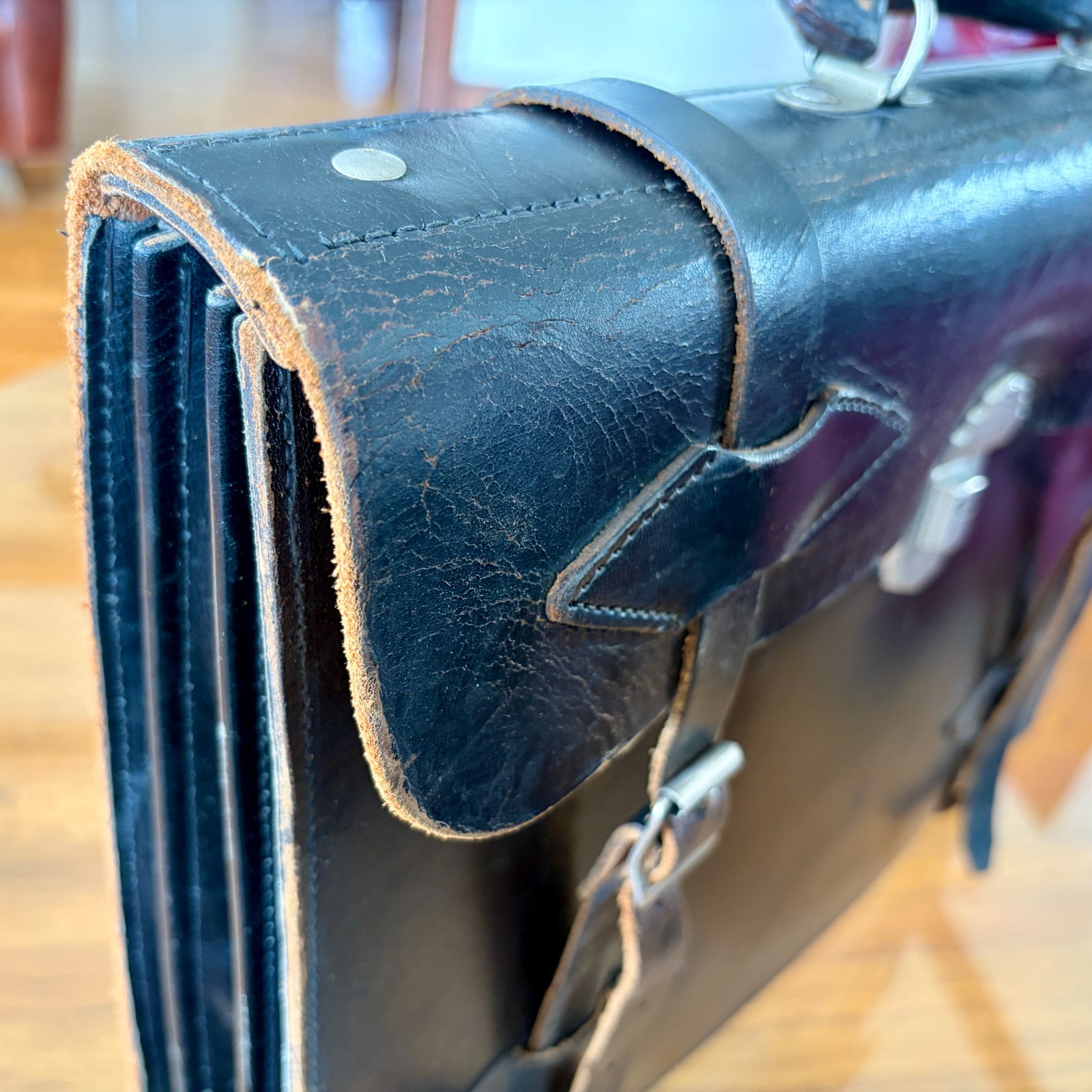 1920s Leather Briefcase Satchel Bag Double Strap Messenger MacBook Pro Blk Vtg