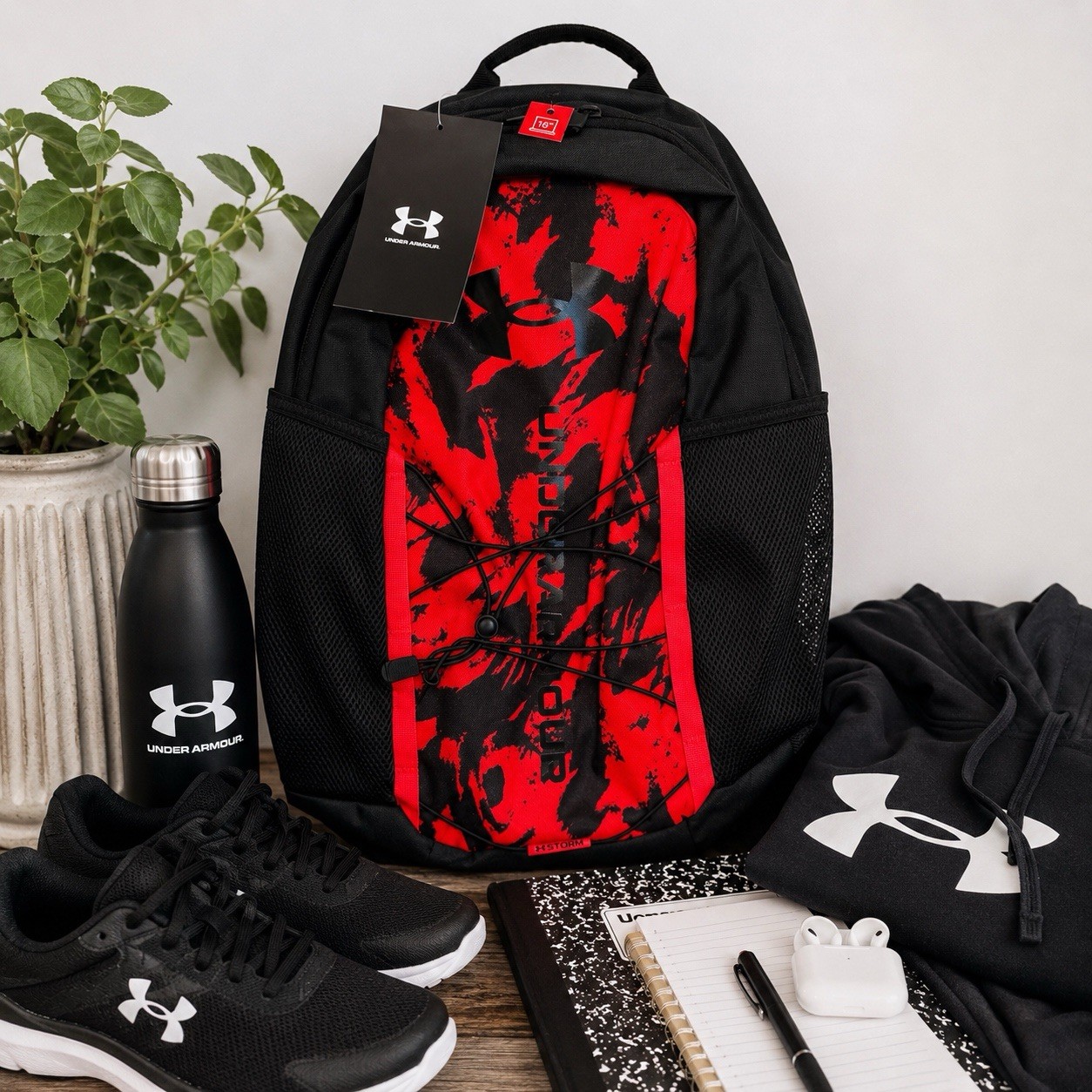 NWT Under Armour Hustle Lite 16” Backpack Red Black Camo Laptop School Gym Book