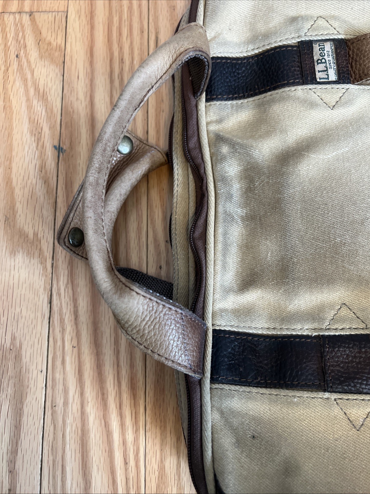 LL Bean Canvas Messenger Crossbody Bag Push Lock Leather Trim Tan Brown