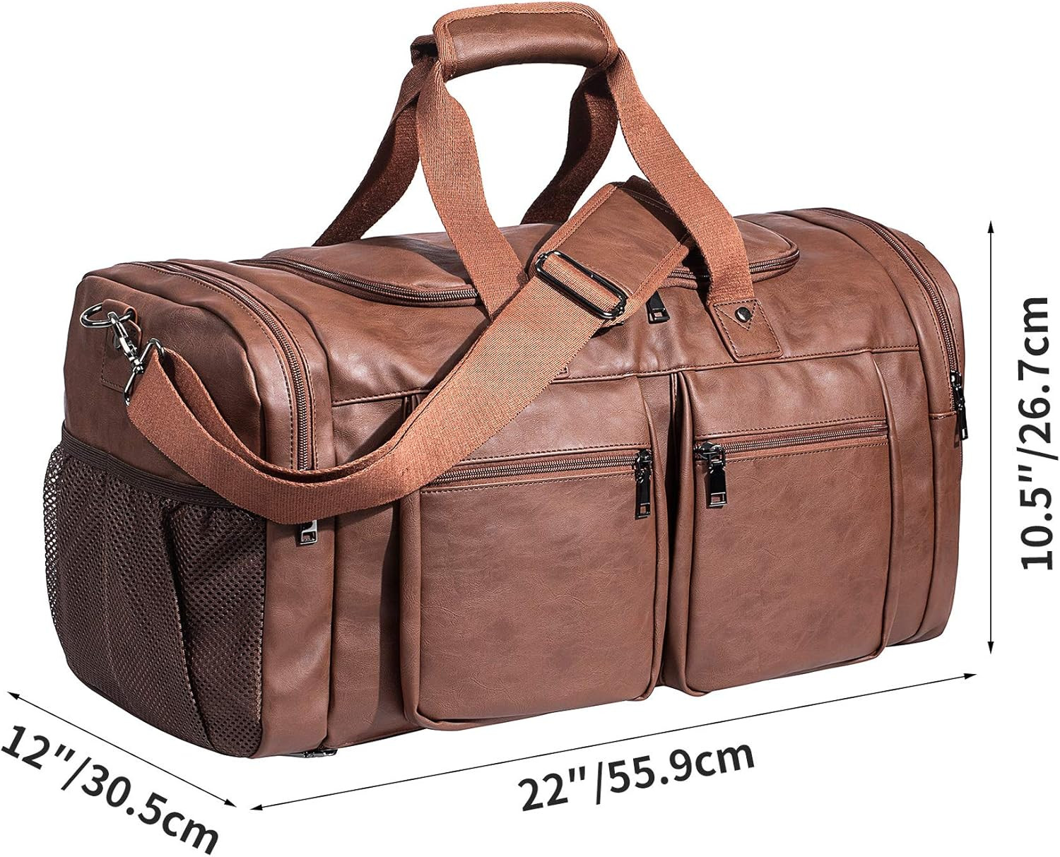 Waterproof Leather Weekender Duffle Bag with Shoe Pouch for Travel – Brown