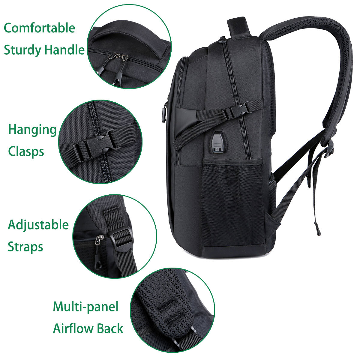 Men Laptop Backpack School Travel Computer Bookbag with USB Charging Port Black