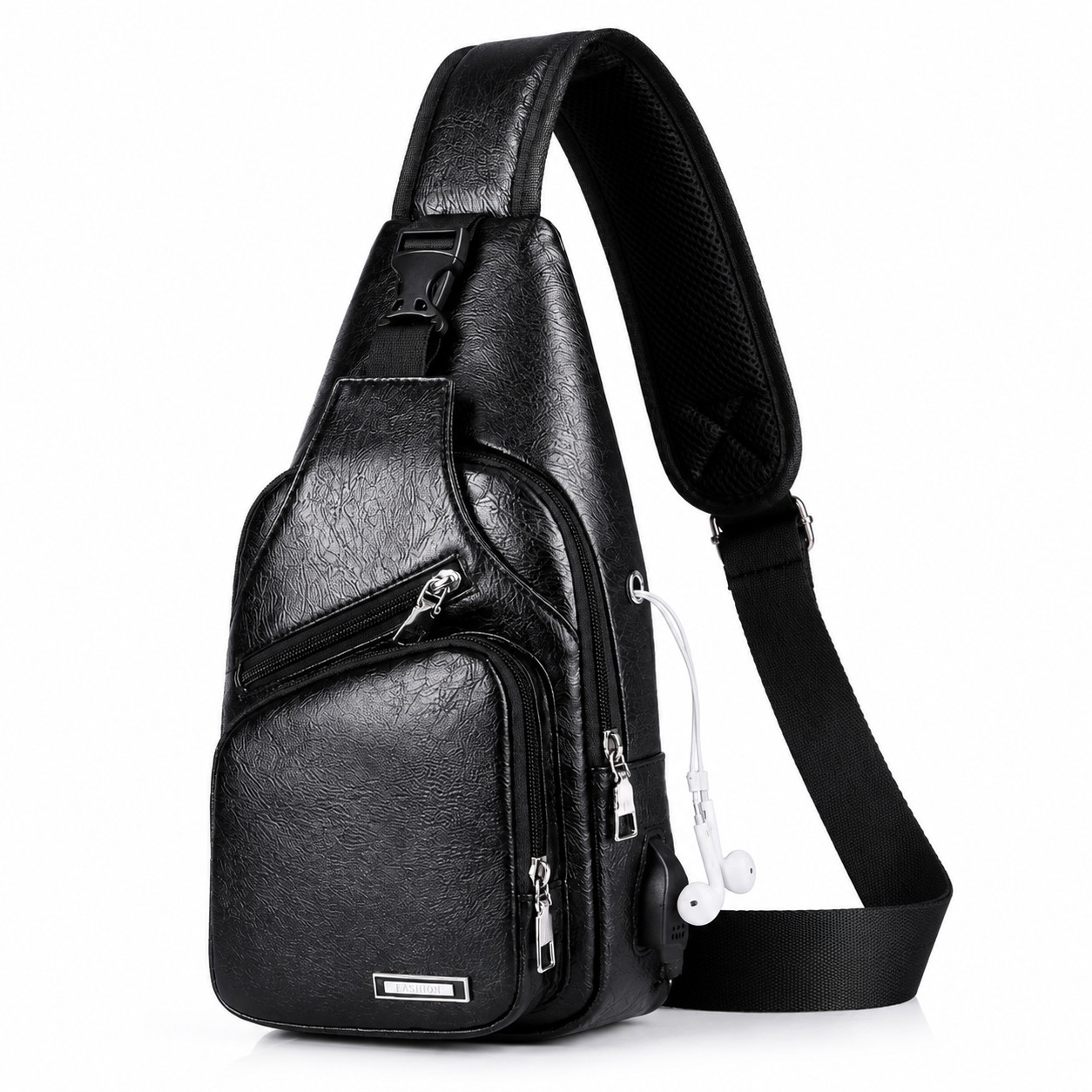 Black Chest Crossbody Bag Sling Backpack for Men with USB Charge Port Hole