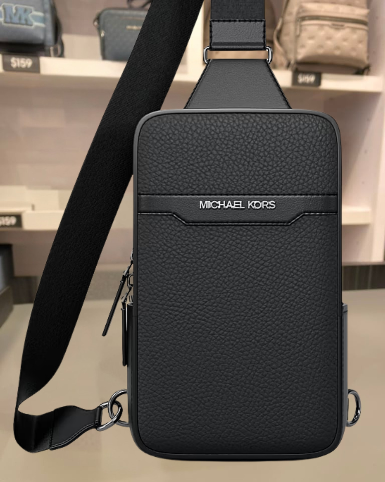 Michael Kors Cooper Medium Pebbled Leather Sling Pack Black Men Crossbody