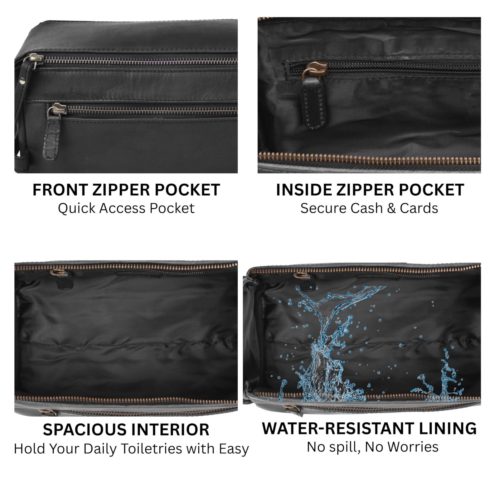 Full Grain Leather Toiletry Kit for Men & Women 10″ x 5″ x 4.5″, Matte Black
