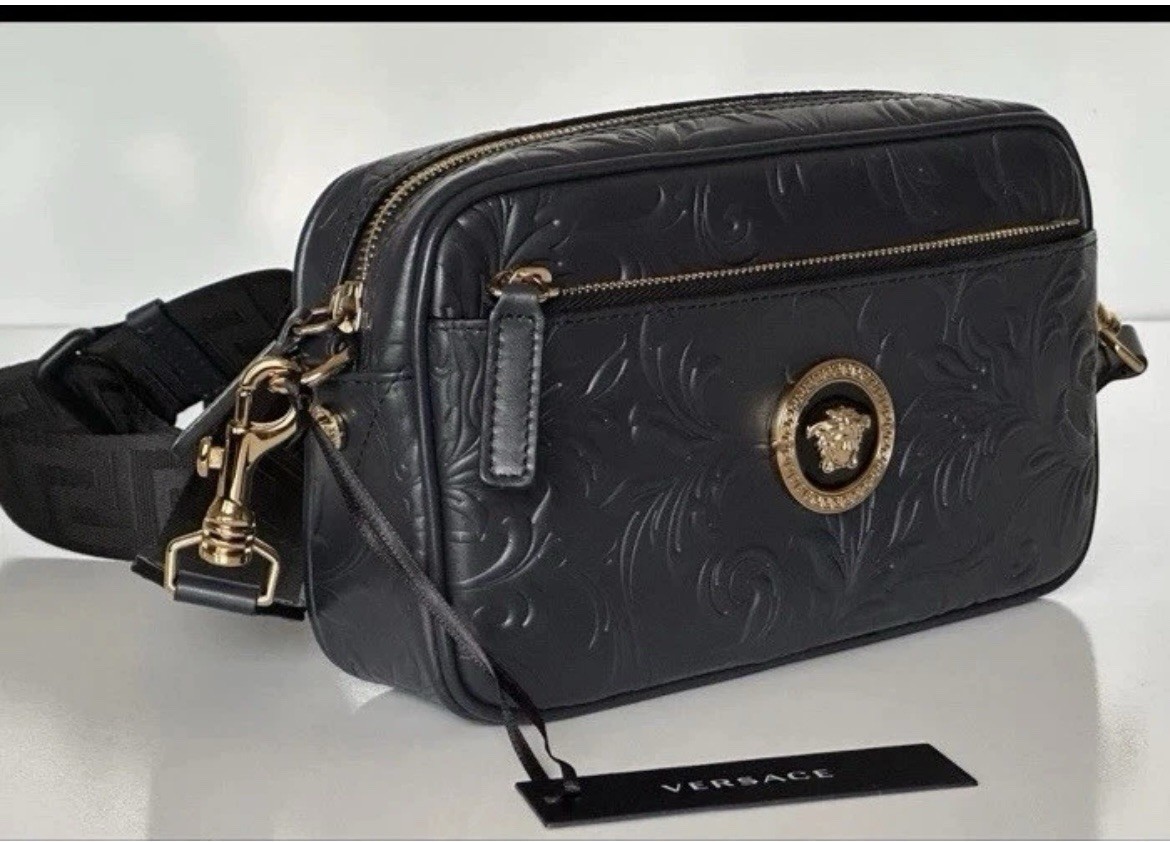 Versace Medusa Head Embossing Calf Leather Blue Crossbody Bag 1005464 IT NWT