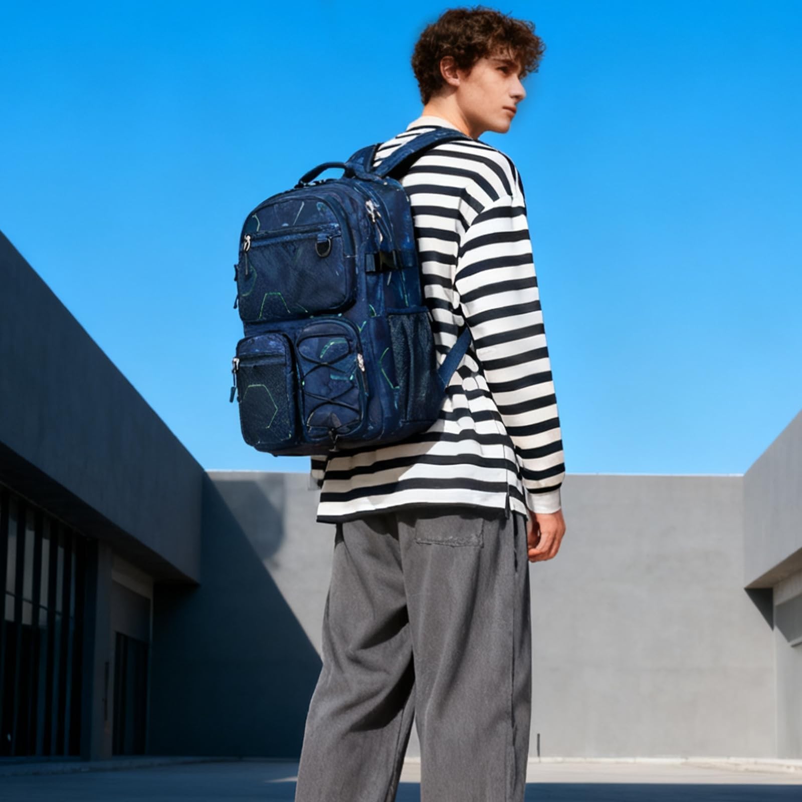 Navy Geometry Multi Pocket Heavy Duty Backpack 15.6 Inch Laptop Compartment