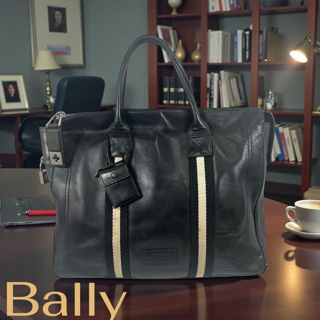 Bally Trainspotting Leather Business Tote Bag Black A4 TAJEST MD Striped 40cm