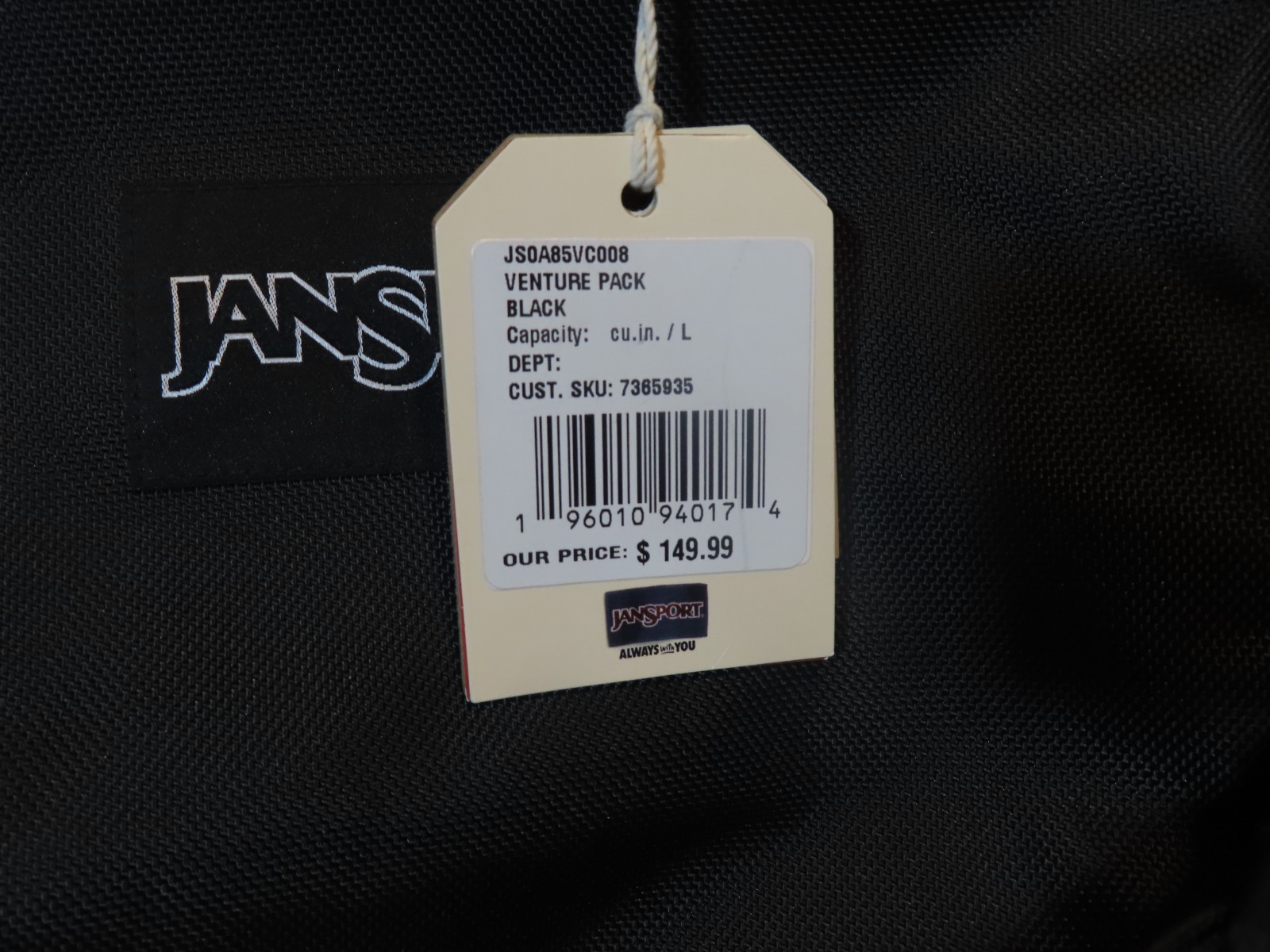 New JanSport JS0A85VC008 1680D Polyester Venture Large Backpack, NWT