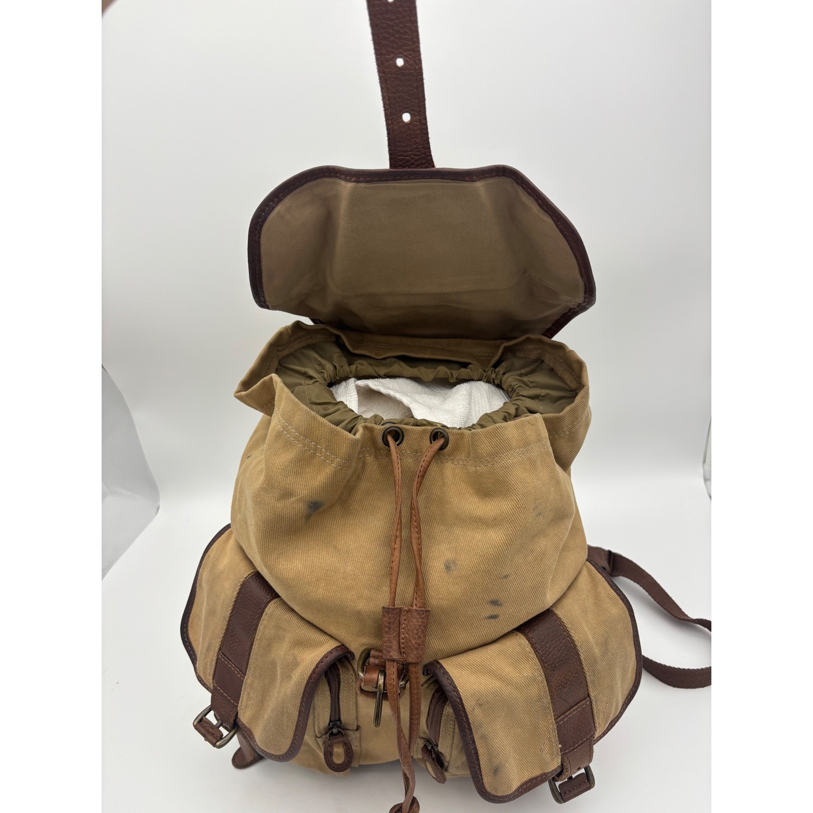 VINTAGE L.L. BEAN Rucksack Backpack Brown Canvas Leather Hiking RARE Utility Bag