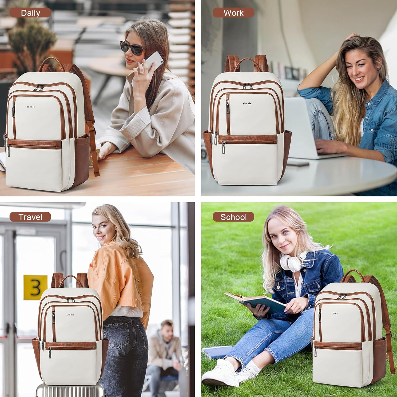 17 Inch Leather Laptop Backpack for Women, Travel Backpack with 6 Compartments