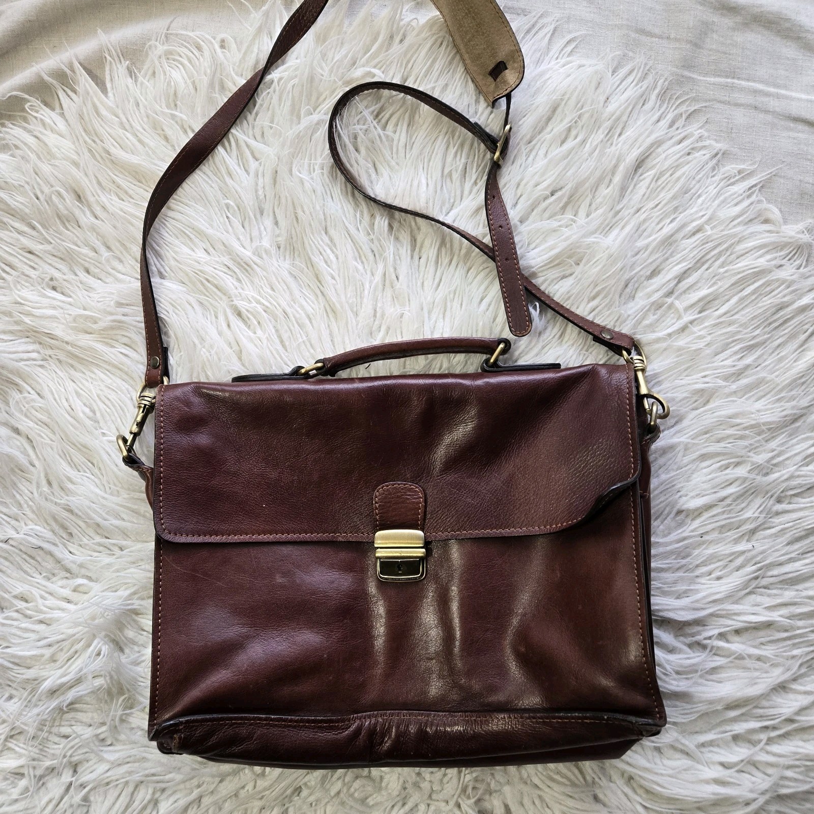OLD ANGLER-Italian Leather Briefcase Messenger Bag Removable Strap Made Italy