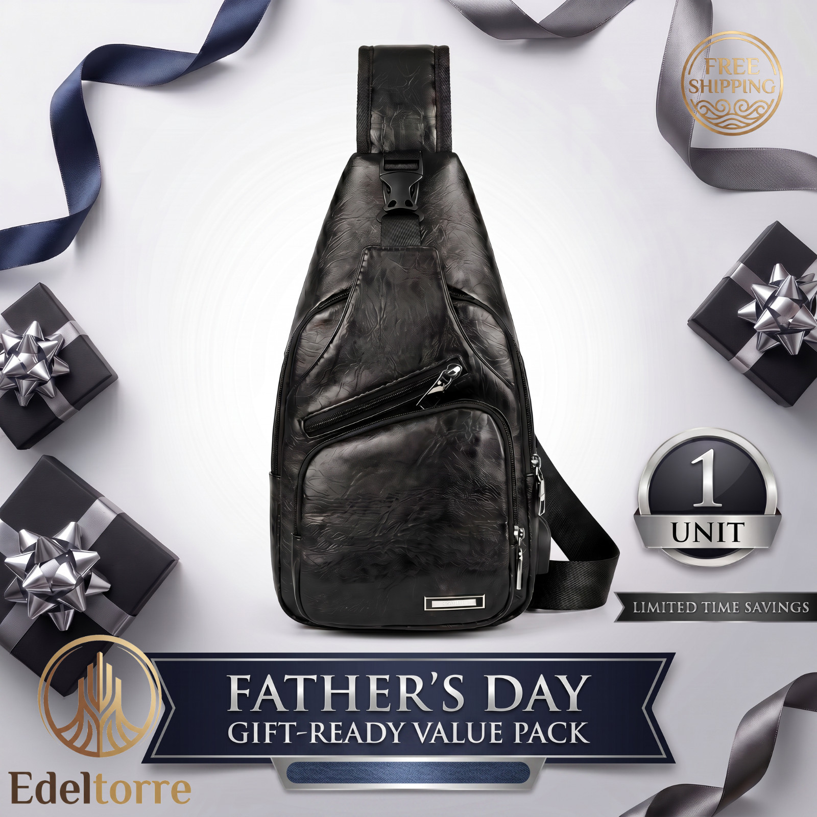 Father’s Day Gift Men’s Crossbody Sling Bag Black PU Leather USB Waterproof