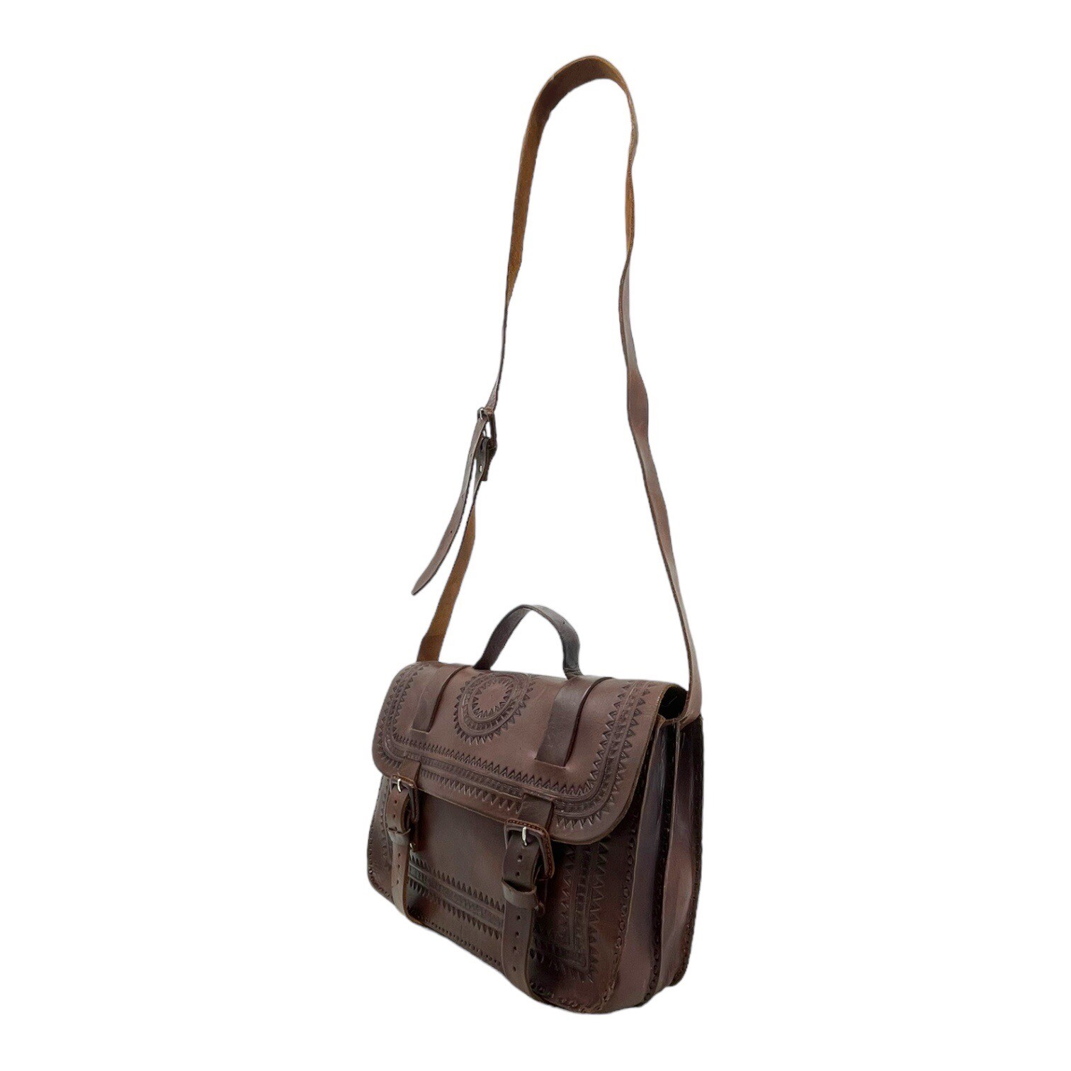 Vintage 70s Large Handmade Tooled Leather Messenger Bag Crossbody Laptop Travel