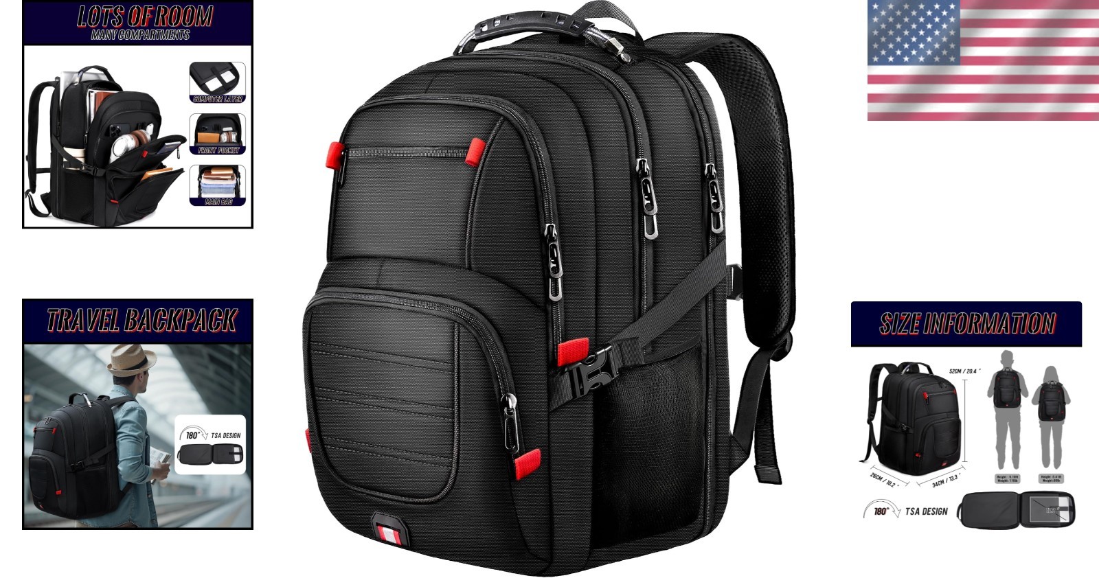 Spacious Carry On 45L Backpack with Padded Laptop Compartment – Travel Black