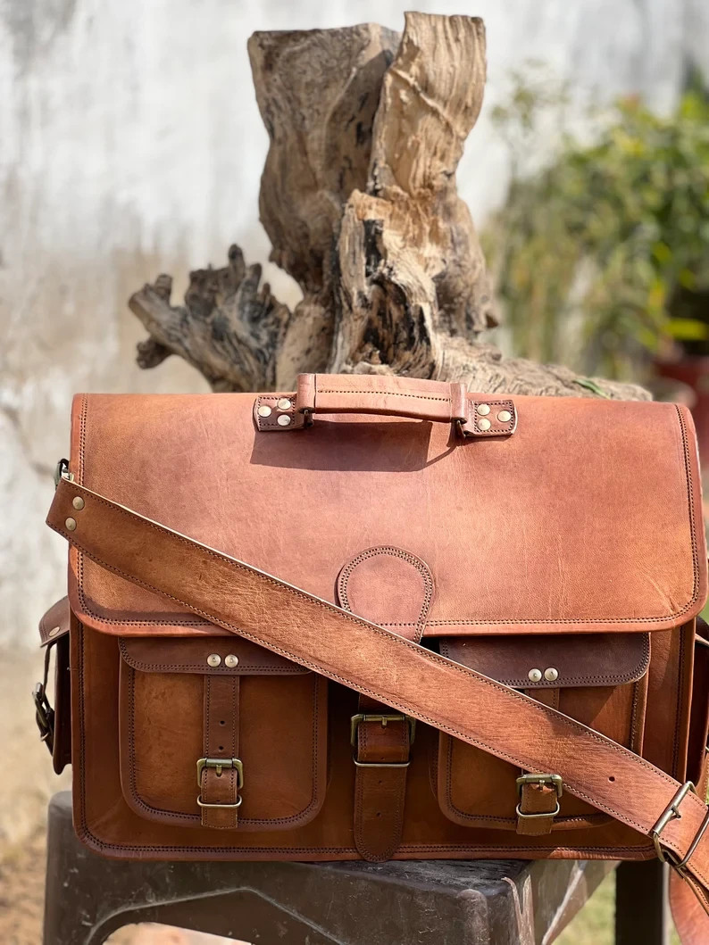 Laptop bag, shoulder bag, briefcase, vintage style, genuine leather, brown,…