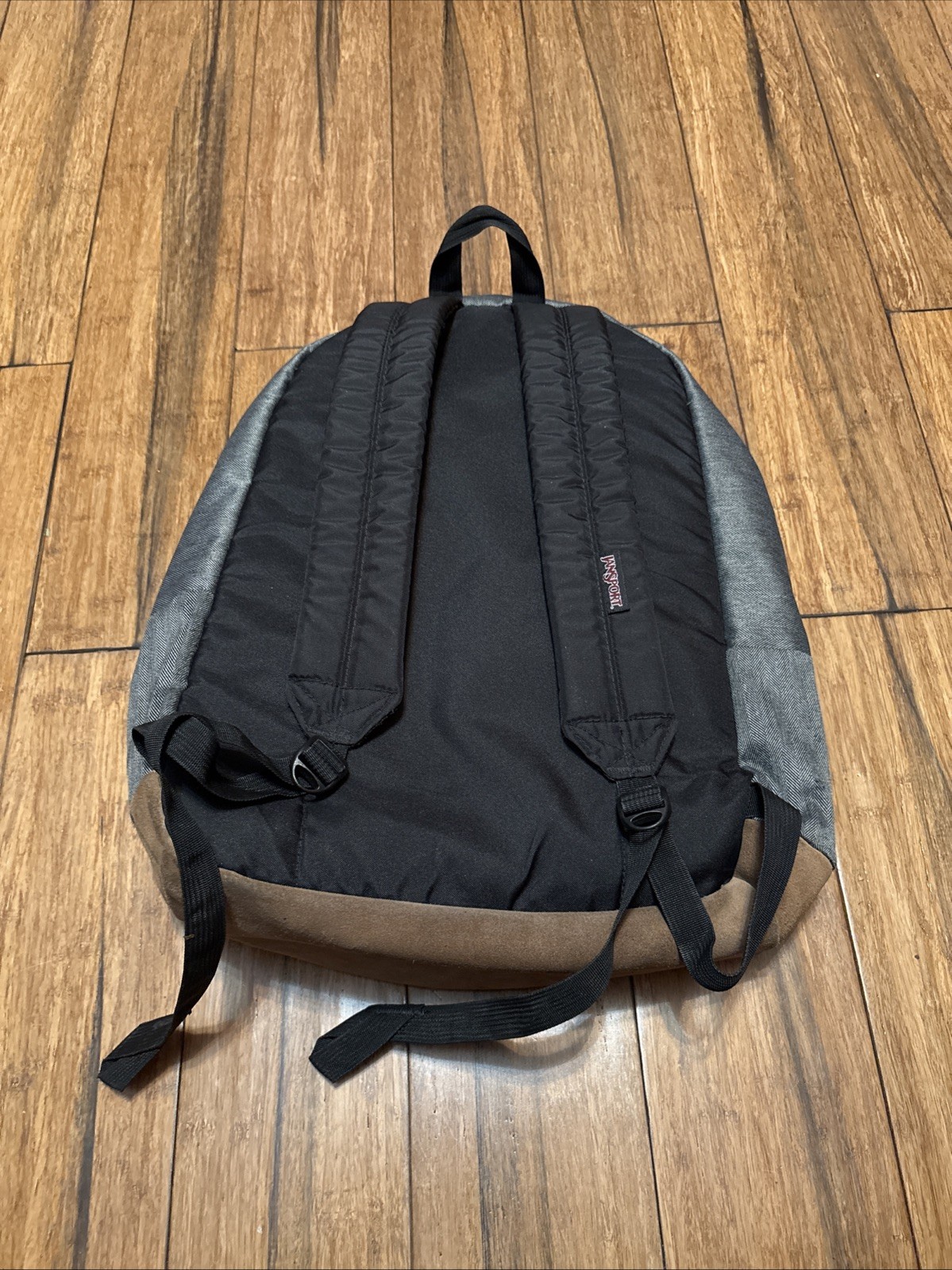 JanSport Backpack Cool Student Laptop Gray Faux Brown Leather Bottom