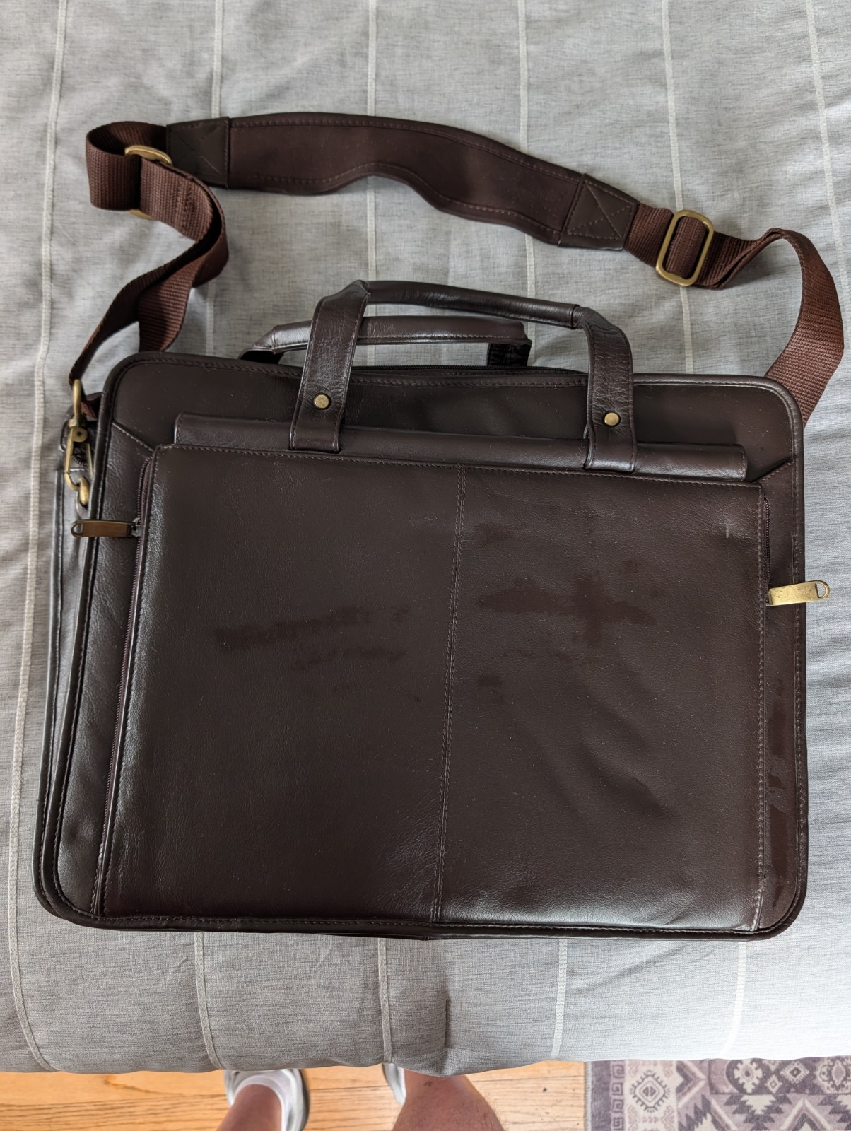 Wilsons Leather Brown Zip Briefcase Shoulder Bag Laptop Sleeve Adjustable Strap