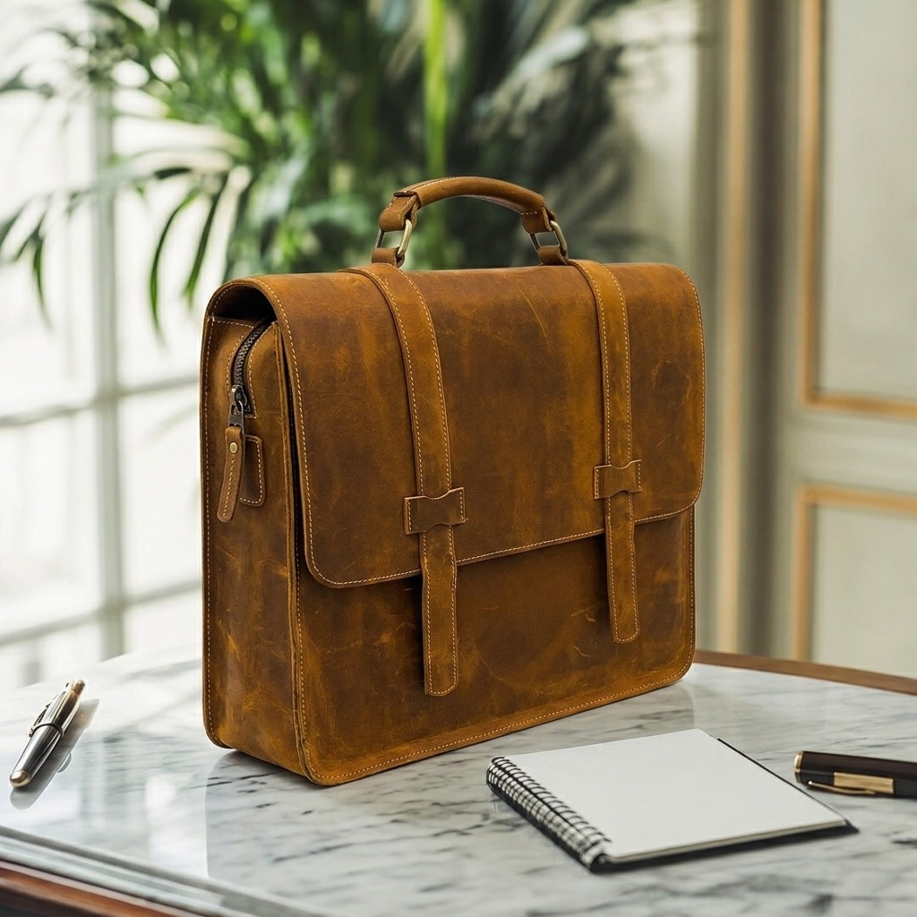 Tan Leather Briefcase Double Strap Loop Flap Single Handle Laptop Work Bag