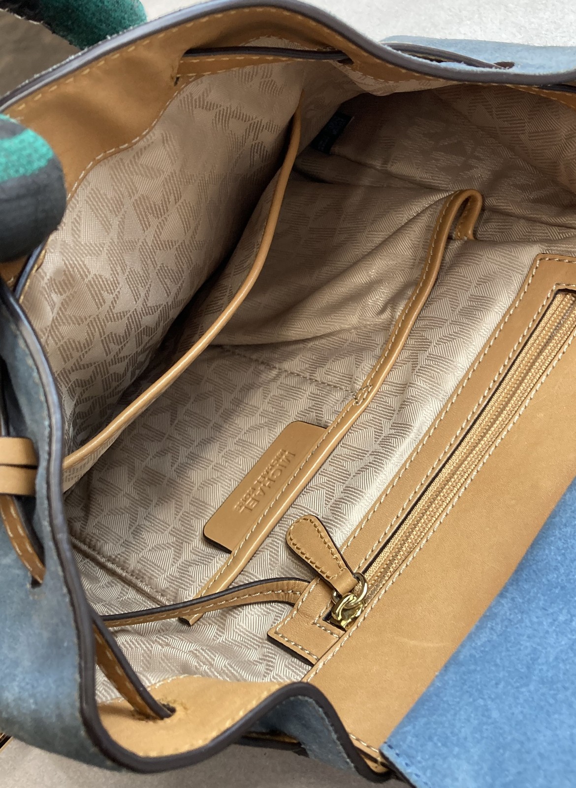 Michael Kors Blue Suede Tan Leather Backpack Purse Gold Hardware