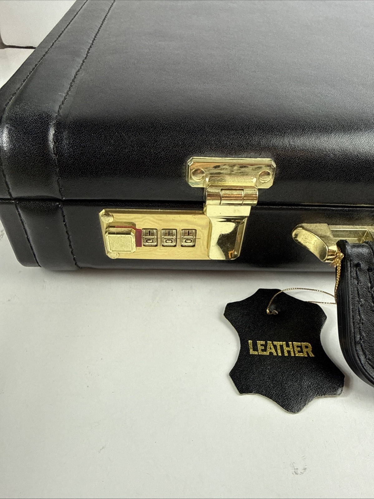 Vintage Black Leather Briefcase Hard Case Brass Dual Combination Locks New