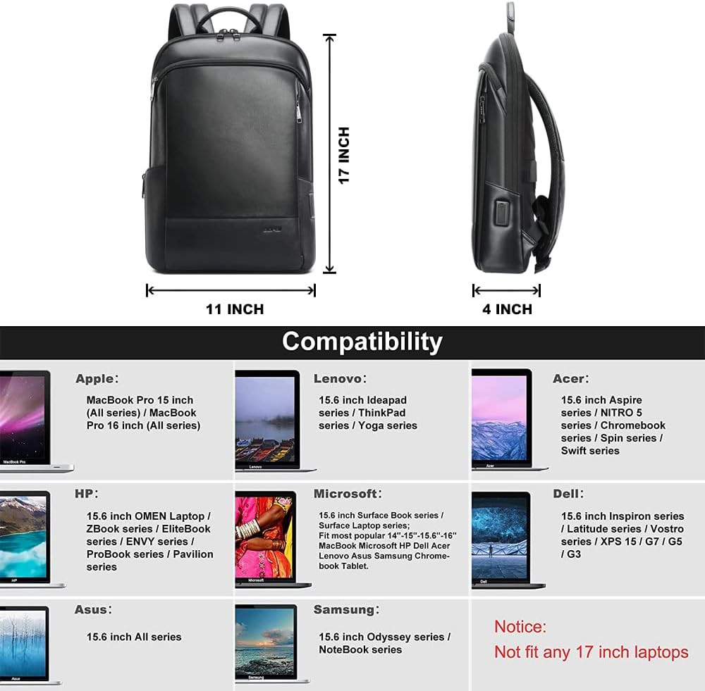 Unisex Slim Genuine Leather Laptop Backpack Men for 15-15.6 Inch Business Smart