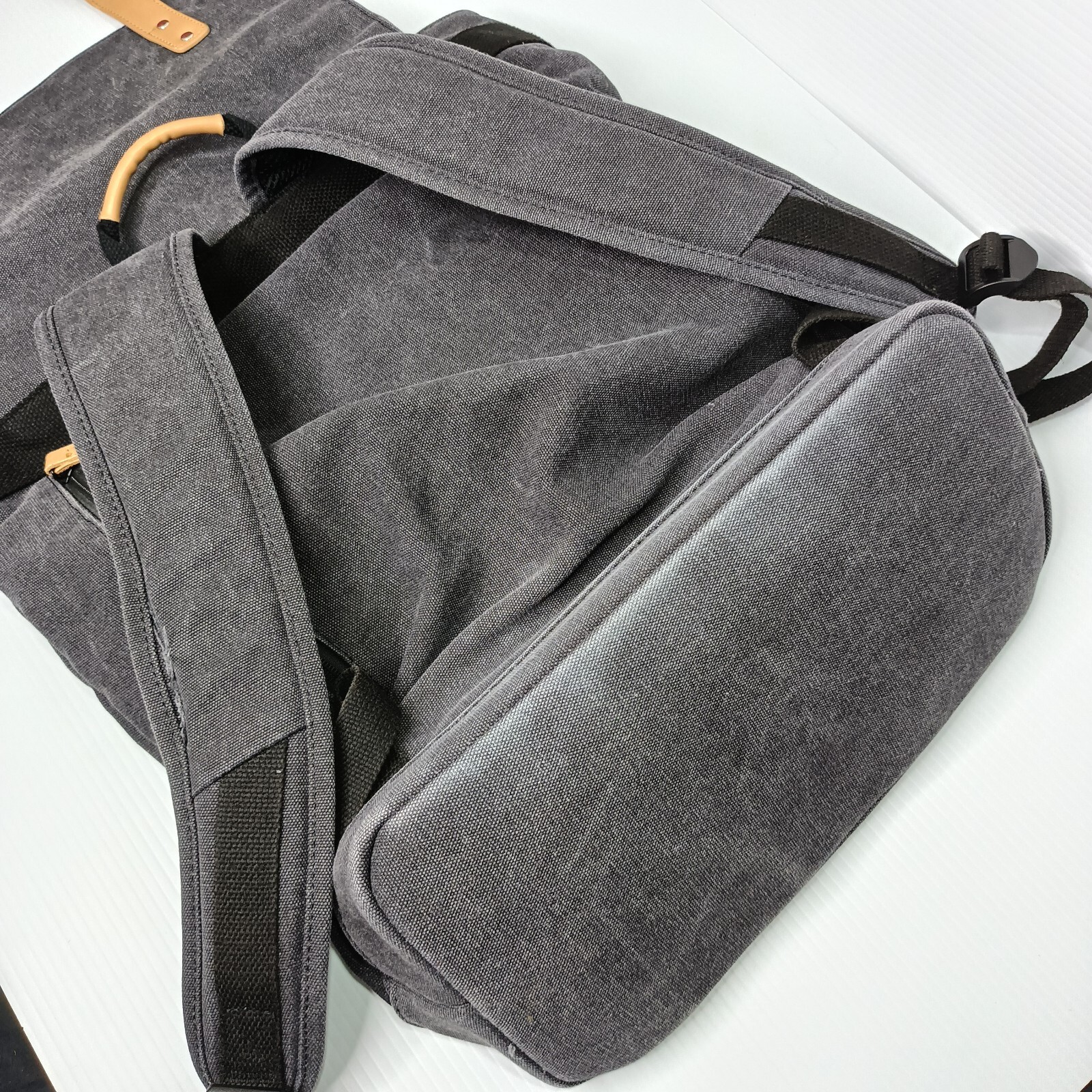 Google Backpack Bag Padded Laptop Grey Canvas Magnetic Snap Button Zip Flawed