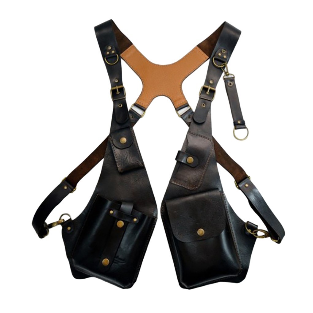 Men Steampunk Shoulder Harness Bag Adjustable PU Leather Chest Holster Black