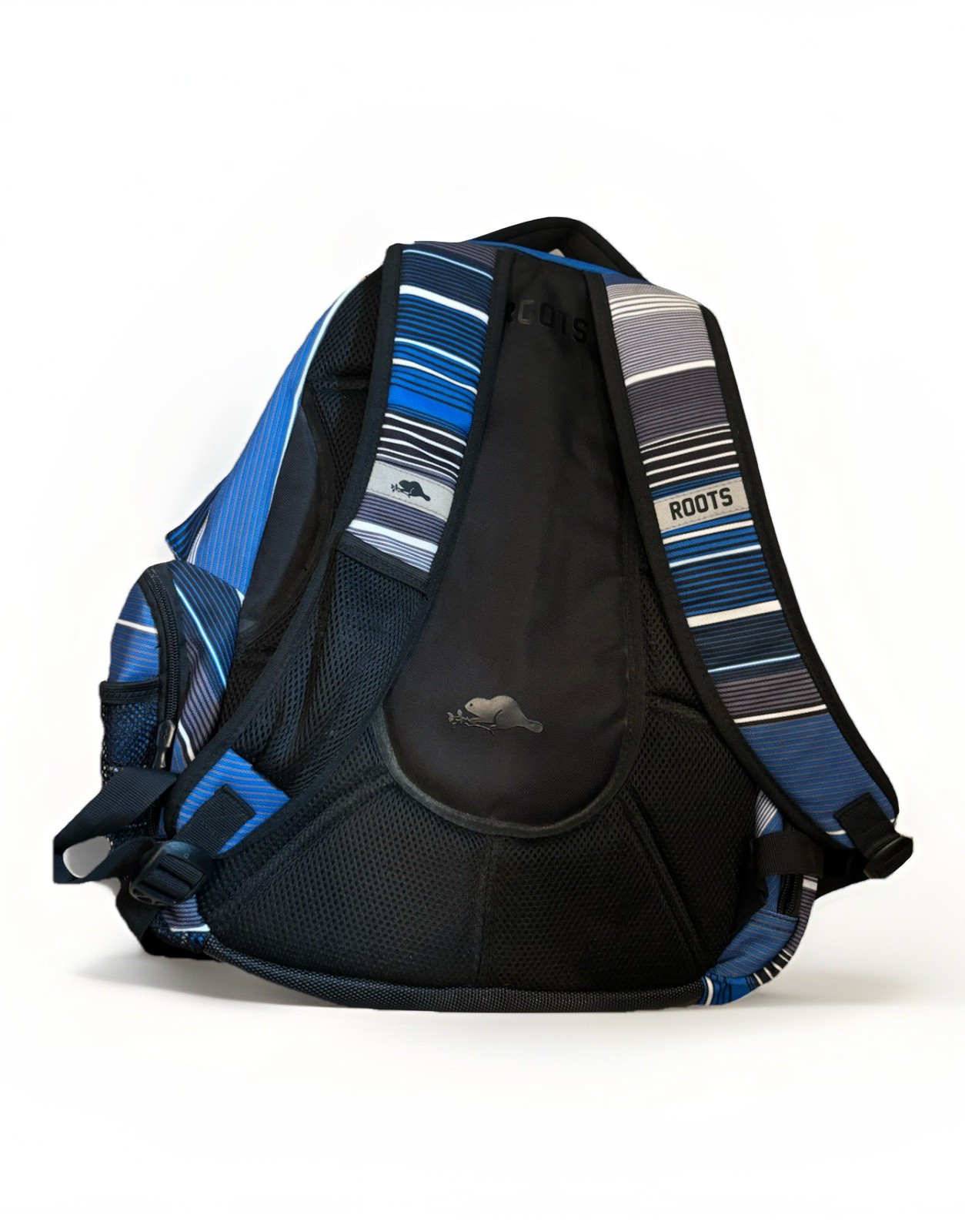 Roots Backpack Book Bag 6 Zipped Beaver Blue Striped Y2K School Canada