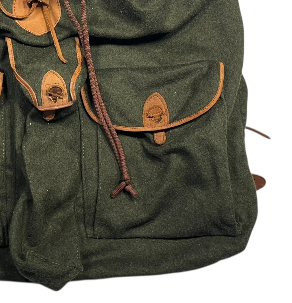 Vtg UNBRANDED Green/Brown BEAUTIFUL WOOL/LEATHER BACKPACK Travel Hike Gear Bag