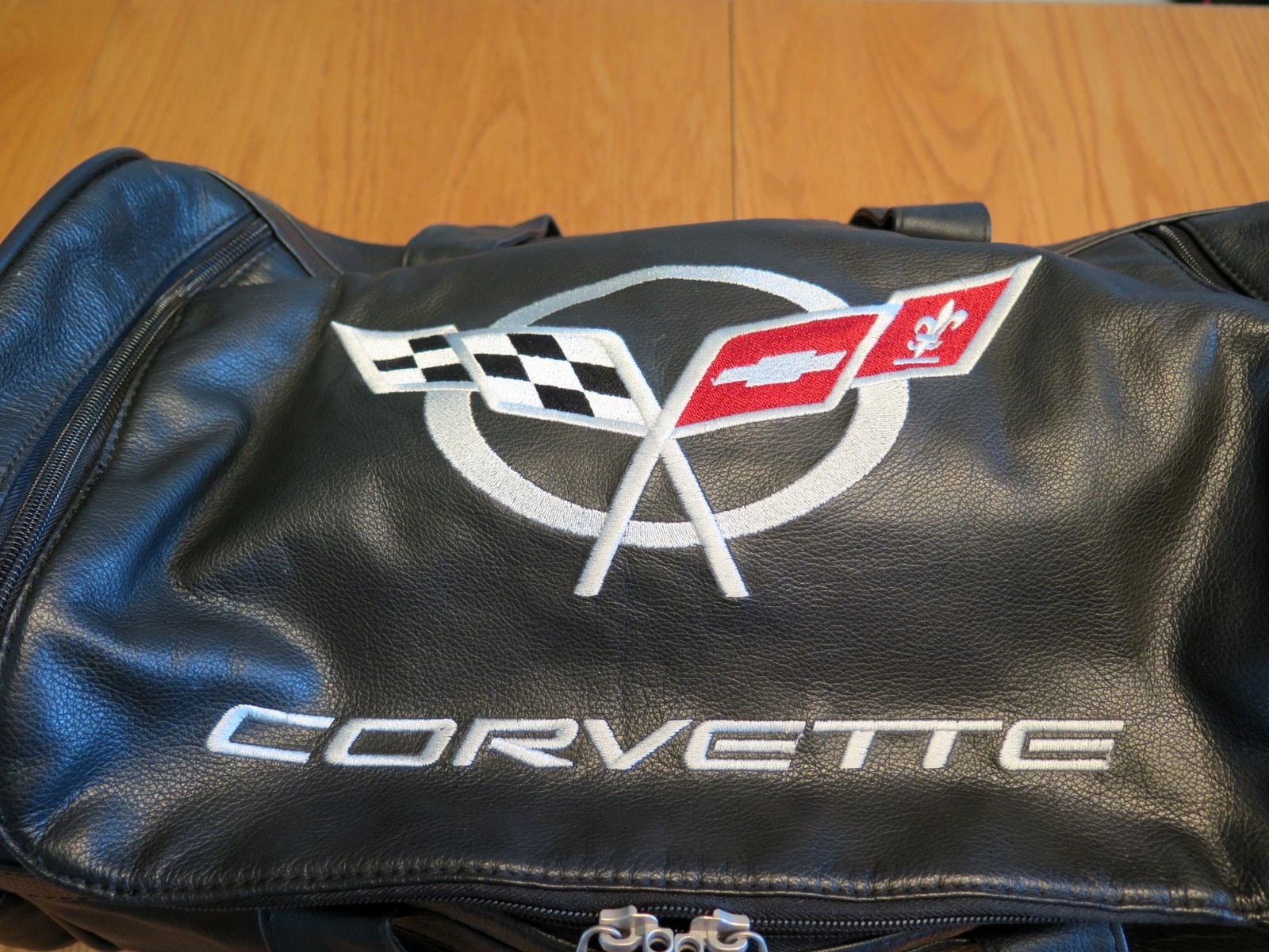 Vtg Black Leather Corvette Duffle Bag Embroidered Logo Travel Gym Weekender