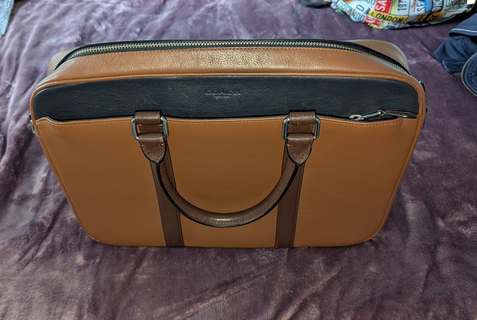 Coach Two-Tone Slim Briefcase Signature Canvas Leather Laptop $498