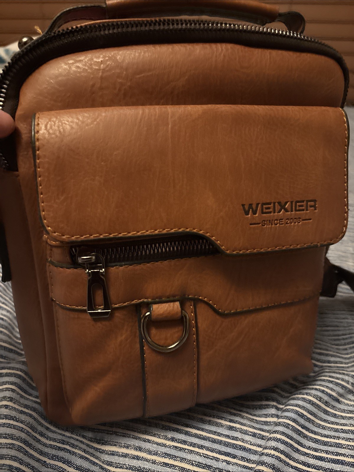 WEIXIER Brown Solid Crossbody Bag for Men, Shoulder Strap, Zip Closure