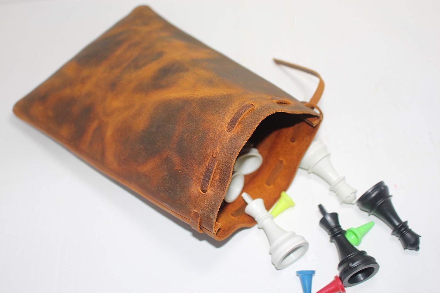 Leather Drawstring Pouch multipurpose Medieval 12 cm x 7.5 cm, Vintage Brown