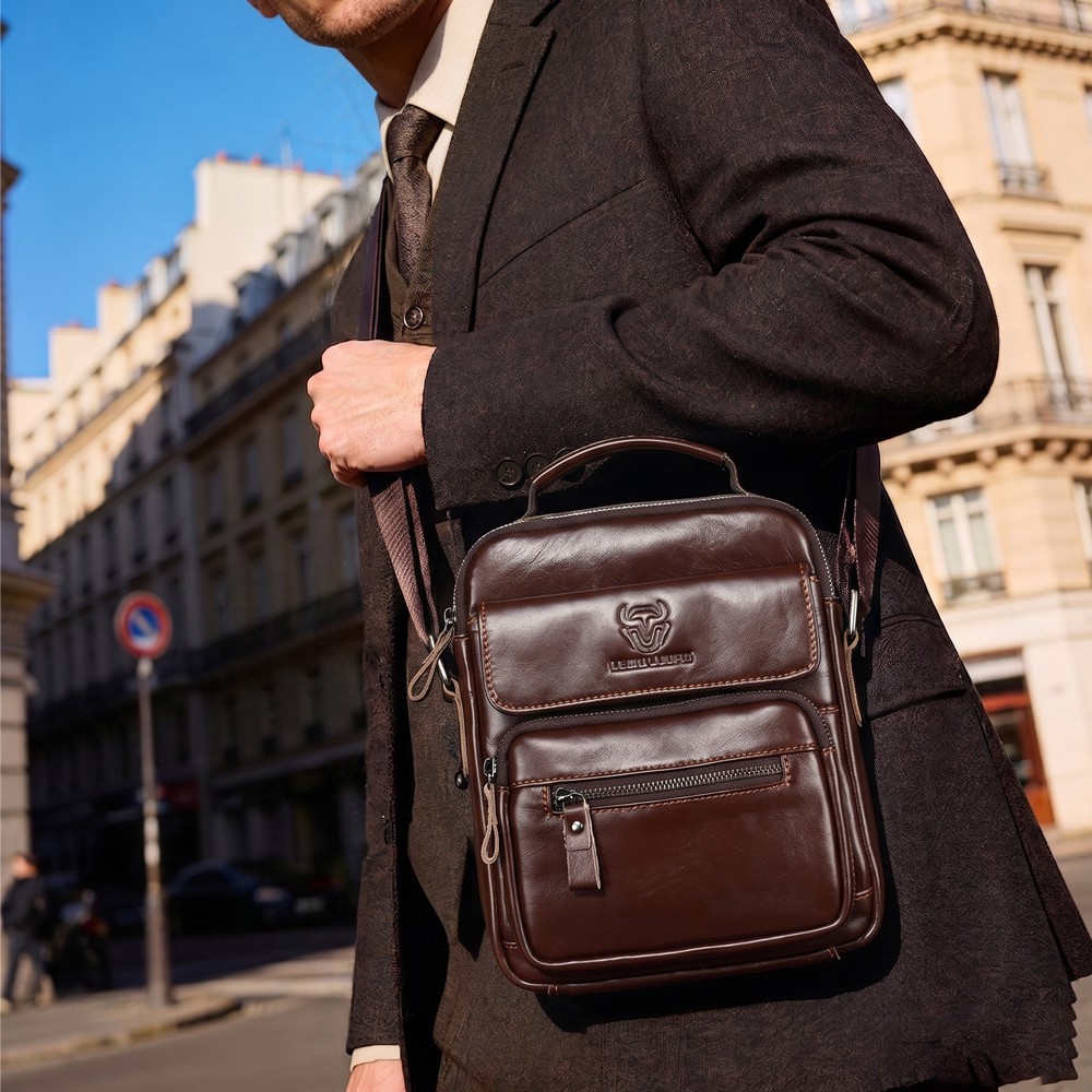 LEBULLBRO Mens Cowhide Leather Sling Bag Shoulder Crossbody Bags Business Bag