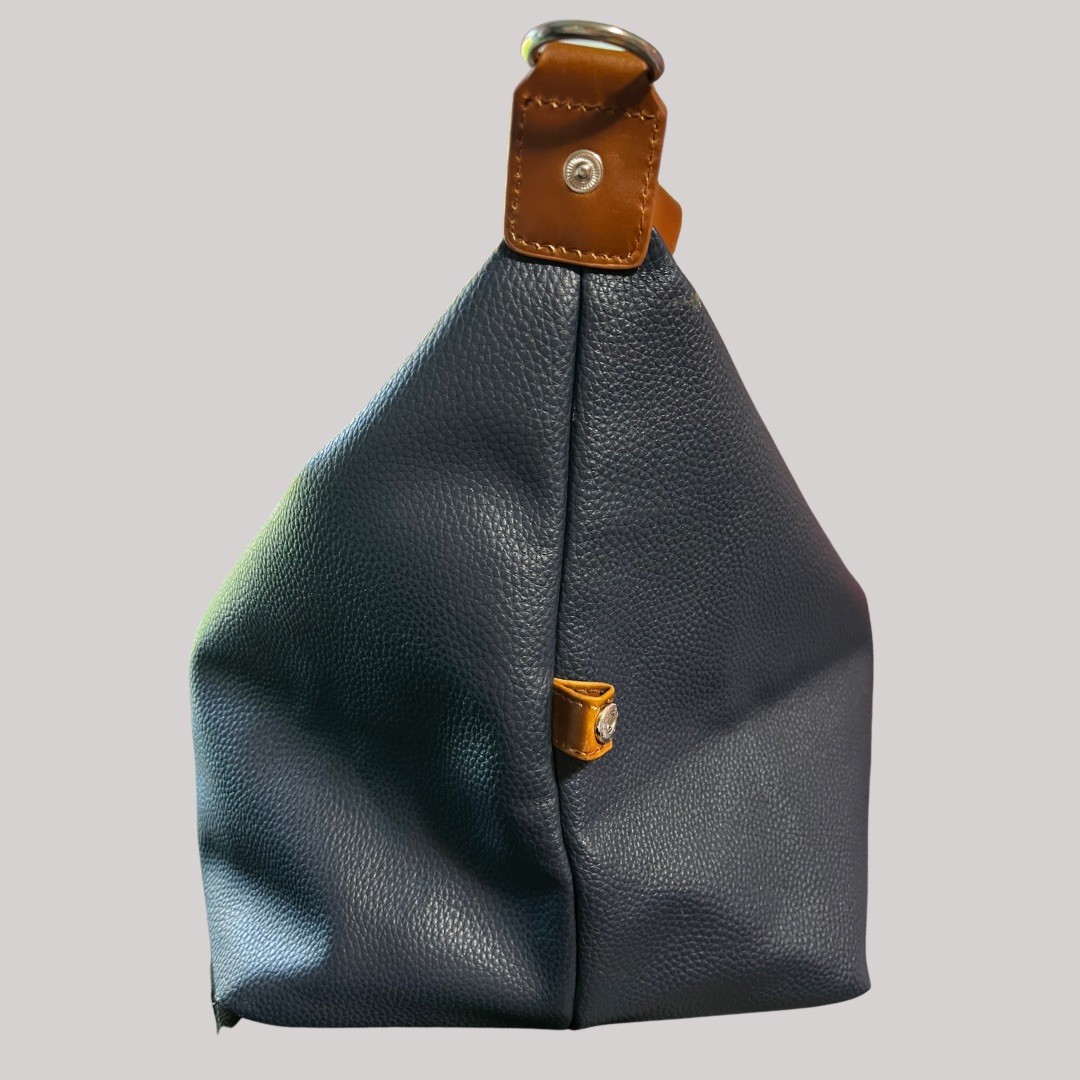 Brouk & Co Alpha Duffle Weekender Bag Vegan Pebbled Leather Navy Blue Brown Trim