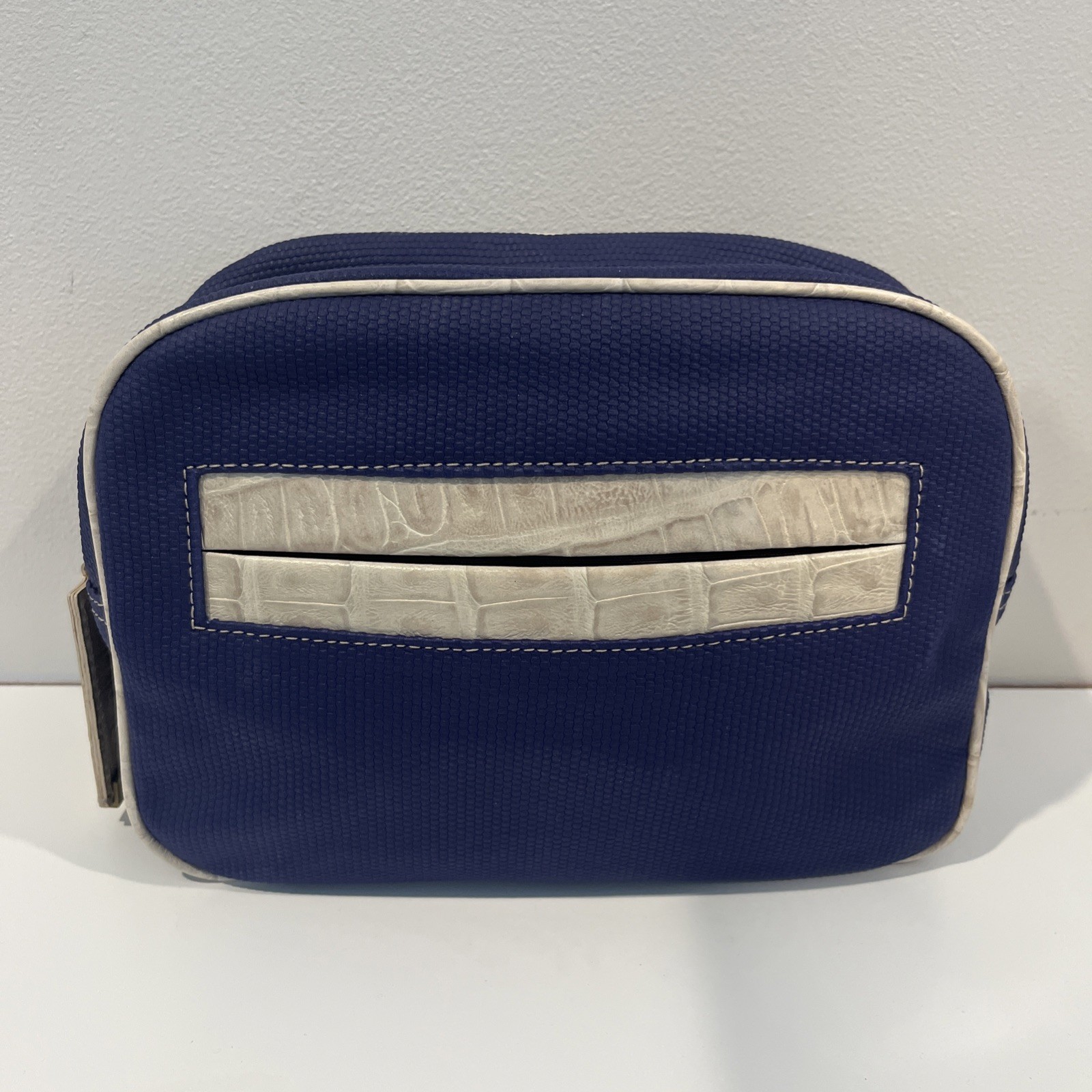 Furla Blue And Tan Leather Toiletries Bag Croc Accent Authentic Made In Italy