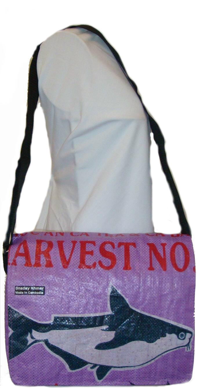 Fair Trade Recycled Deluxe Messenger Bags made in Cambodia from Fish Feed Bags