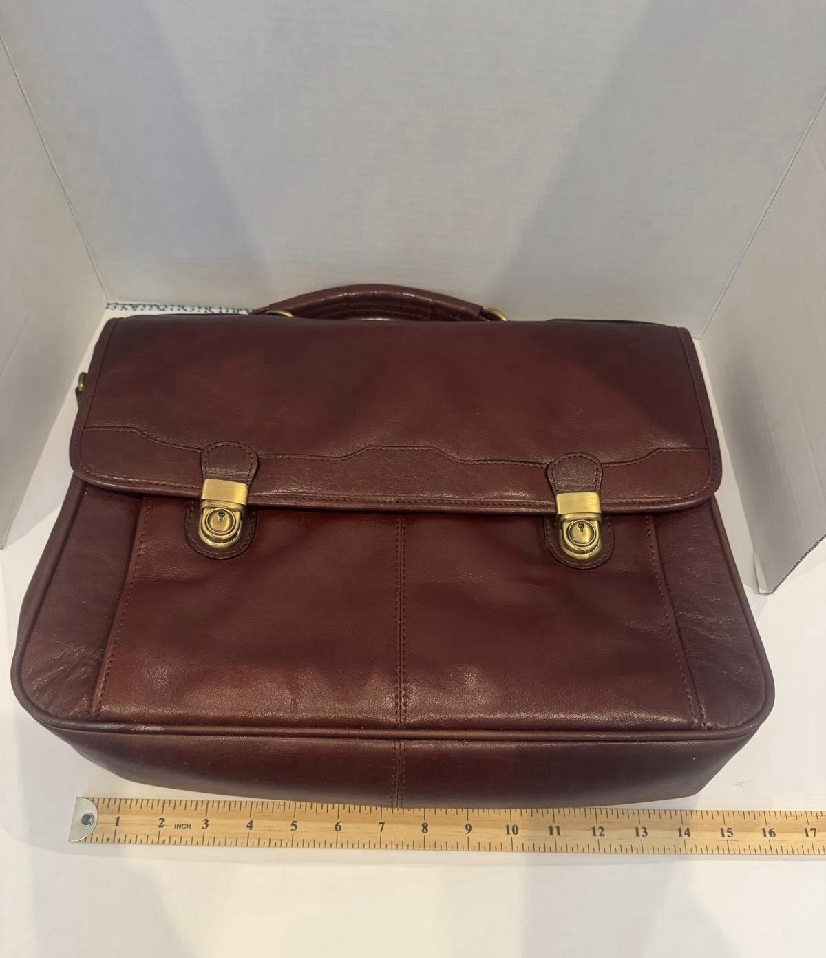 Vintage Burgundy Full‑Grain Leather Briefcase — Brass Hardware