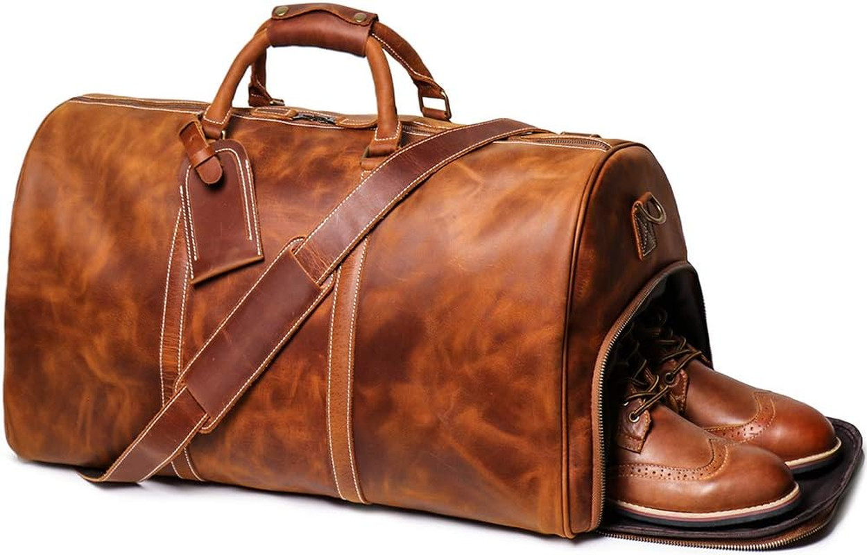 24″ Leather Weekender Bag with Shoe Compartment,Classic Mens Leather Travel Duff