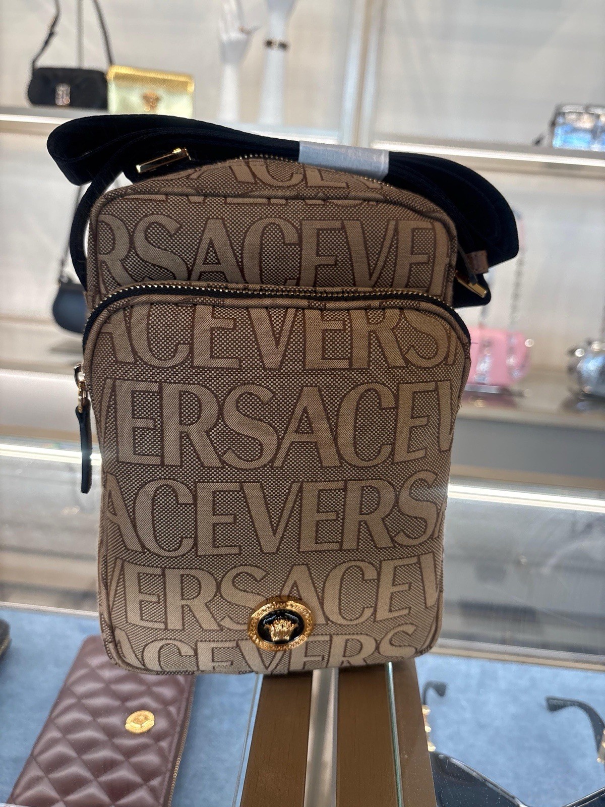 Versace Crossbody Canvas Fabric Allover Beige/brown $1200 Retail Authentic