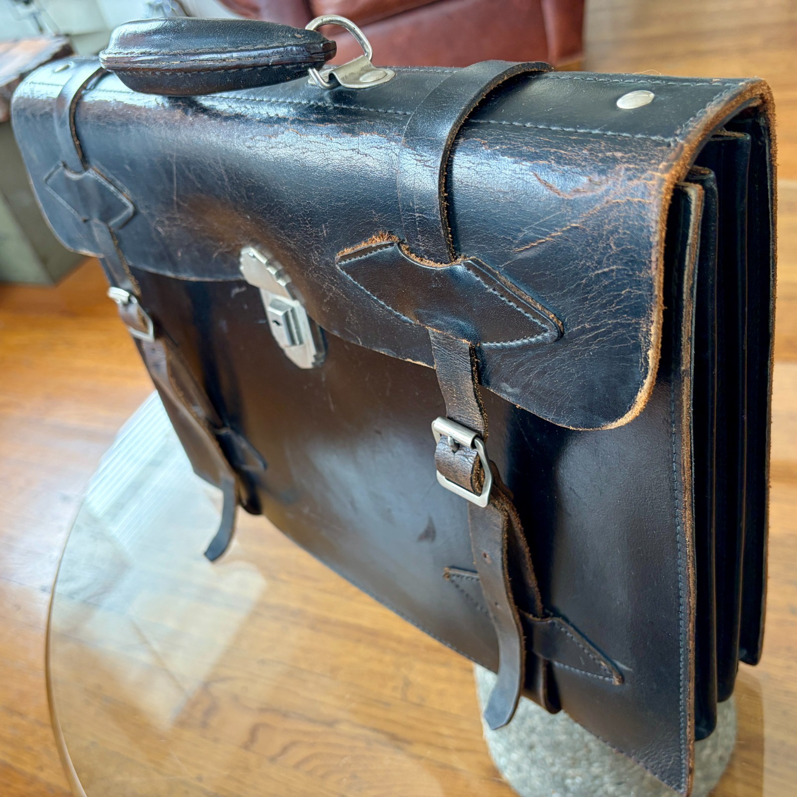 1920s Leather Briefcase Satchel Bag Double Strap Messenger MacBook Pro Blk Vtg