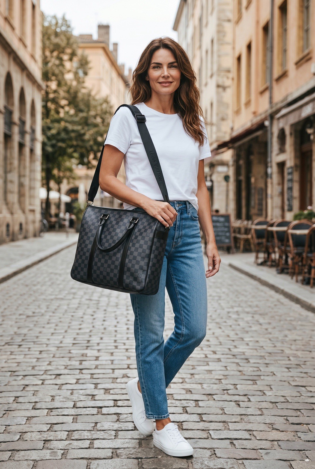 Louis Vuitton Tadao Tote PM Black Leather Damier Graphite