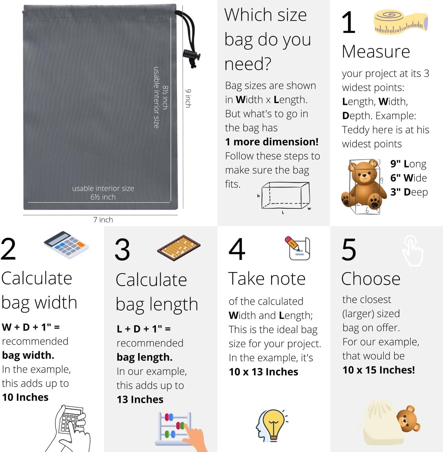 6 Set Drawstring Bag With Toggle Nylon Cinch & Ditty Pouch Gray 7 X 9 Inch
