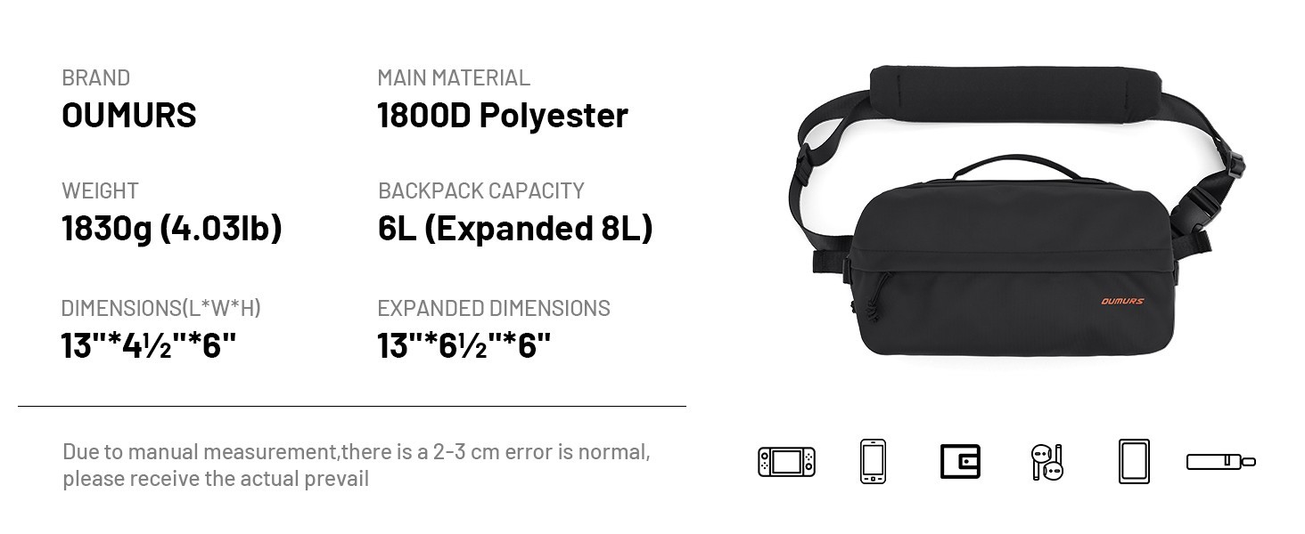 Oumurs 6L Expandable Crossbody Backpack Sling Bag for Men