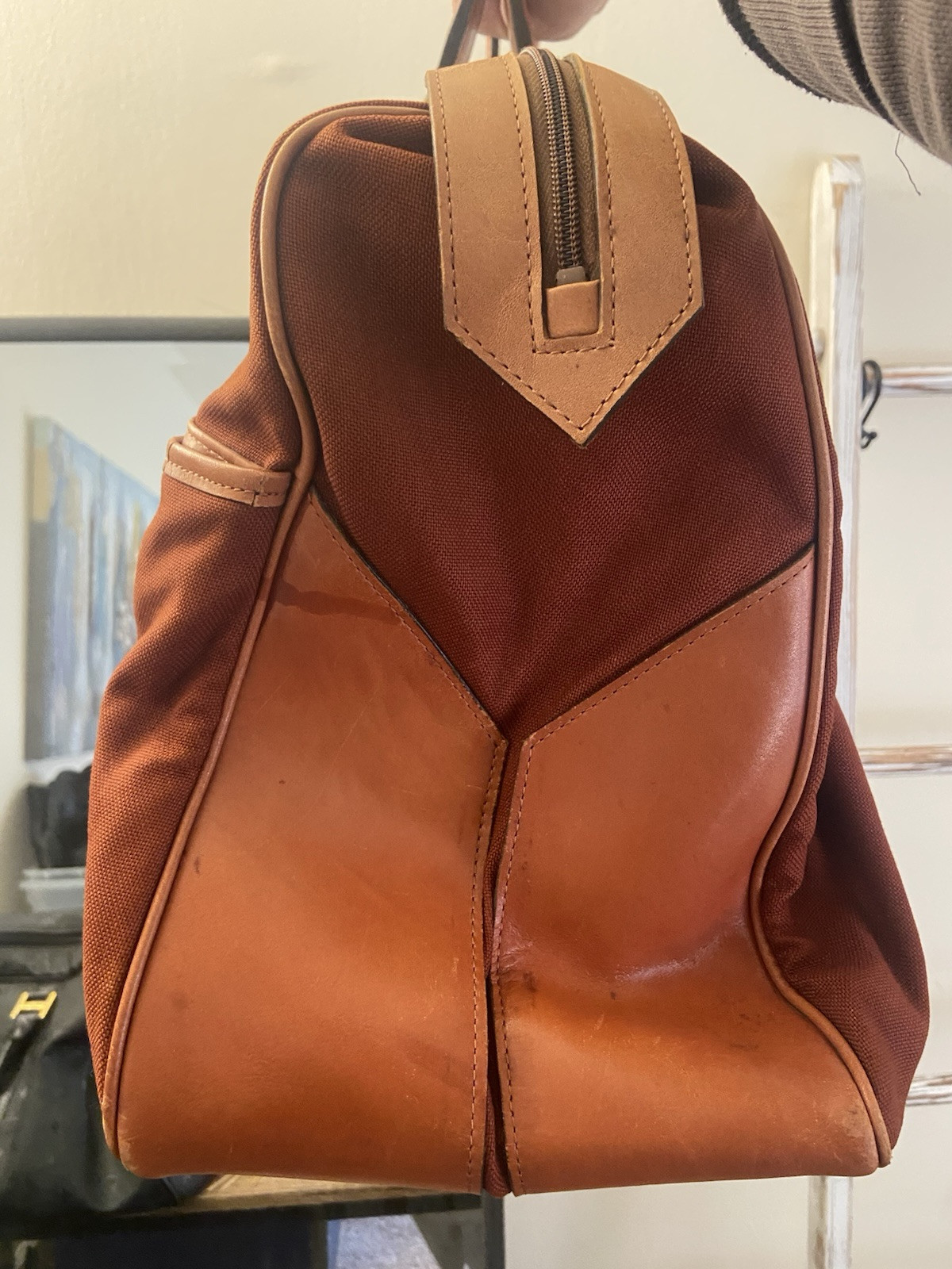 Yves Saint Laurent Vintage Canvas Red Brown Large Duffle Boston Bag, Fair Cond