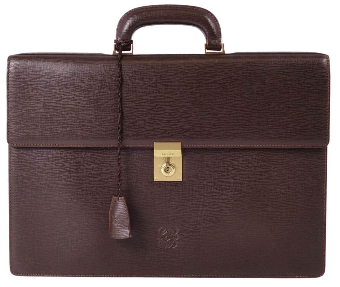 LOEWE Brown Leather Briefcase 16.5″x11.4″ Anagram Logo Spain Made Bag